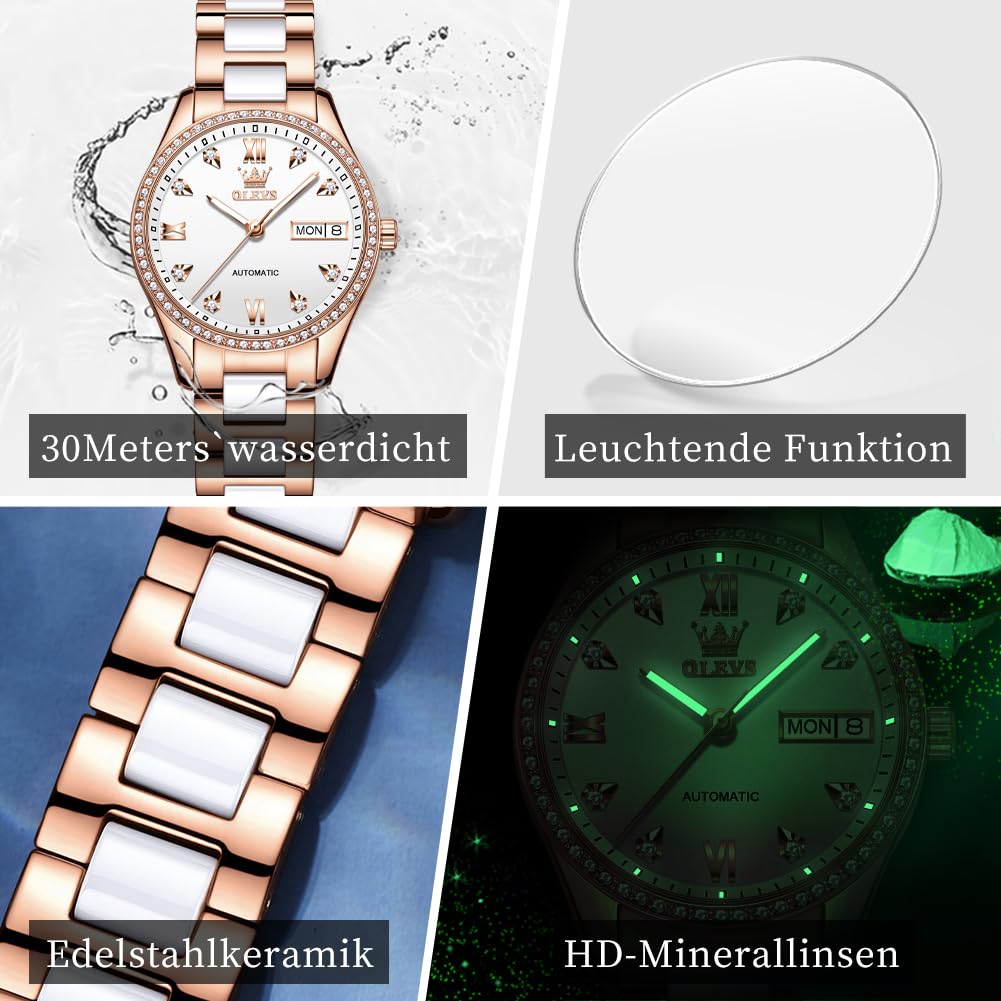 OLEVS Damen Automatikuhr Diamant Lünette modisch wasserdicht Kalender zweifarbig, Edelstahl Keramik Armband