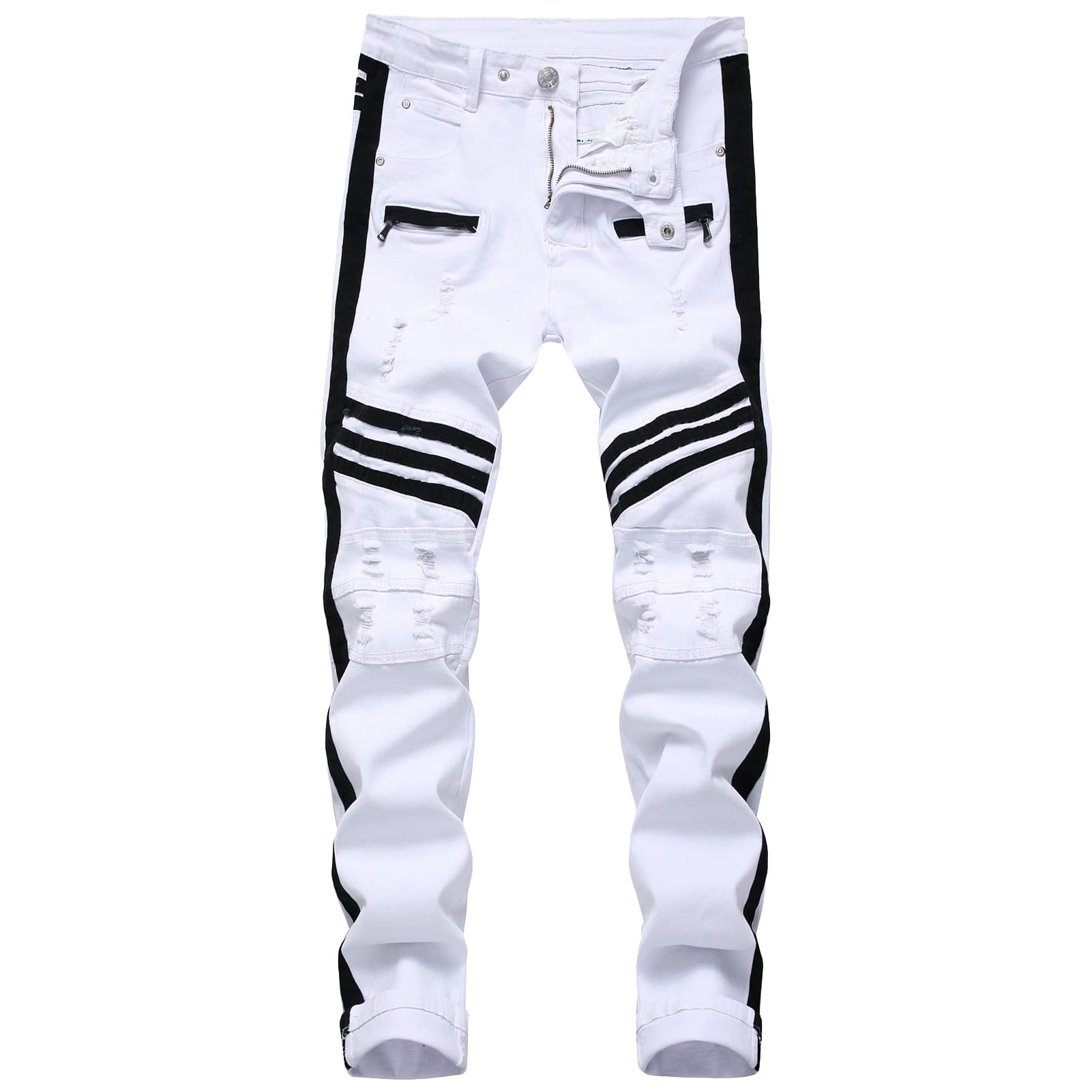 Maiyifu-GJ Men Slim Fit Ripped Side Striped Jeans Skinny Distressed Hip Hop Jean Casual Washed Stretch Denim Pencil Pants (White,34)