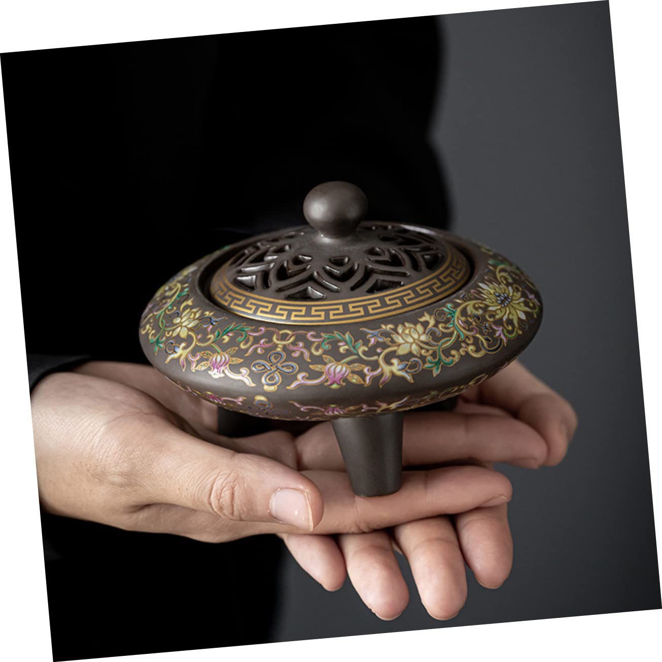 Keramik Räucherstäbchenhalter im Zarten Cloisonné Design Schwarz