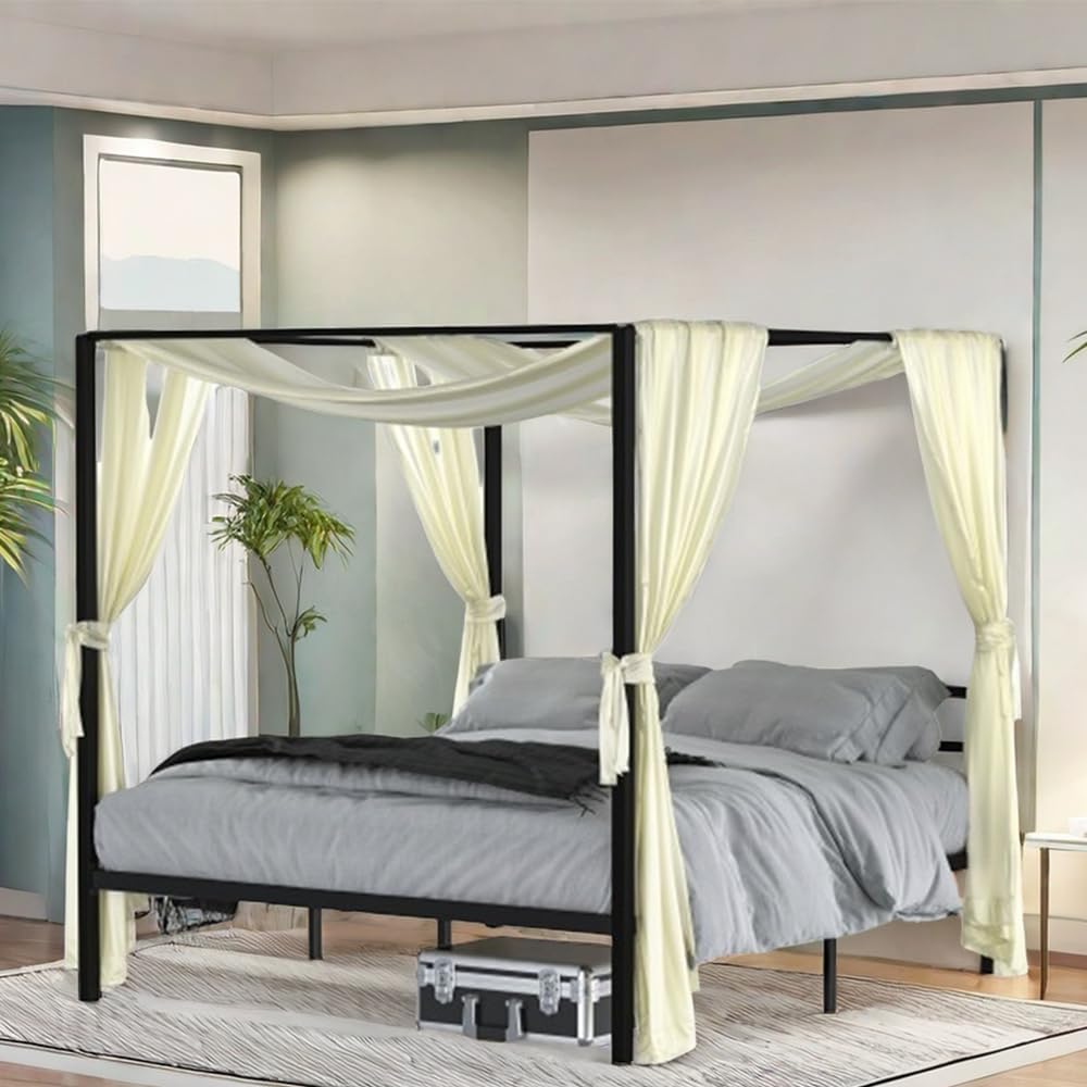 DWVOKing Size Bed Frame, Black Metal Canopy Bed Frame with Integrated Headboard, Sturdy Wood Slats for Mattress Support, 14" Elevated Platform Design, Box Spring Not Required