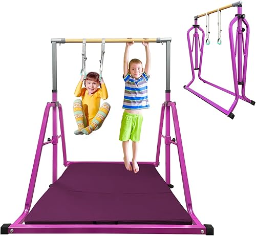 Barra de gimnasia para niños con juego de anillos, 7 alturas ajustables, fácil de plegar, barra de entrenamiento de gimnasia para niños, barras