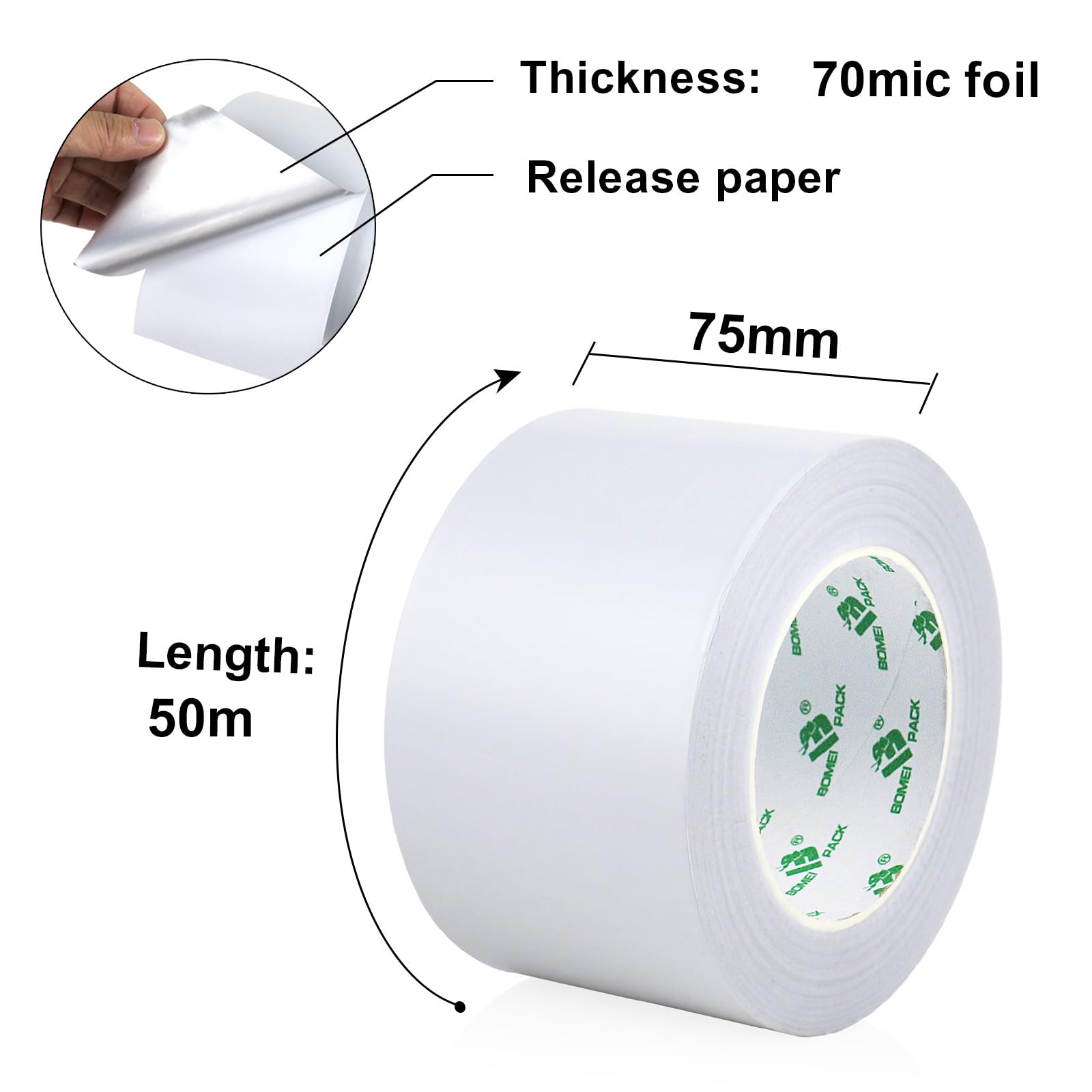 BOMEI PACK 1 Roll White Aluminum Foil Tape 3 inch Home Heating Ventilation HVAC Ducts Repairing Fixing Kitchen Jointing Flame Cold Heat Resistant 75mm x 50m Foil Tape White - Image 2