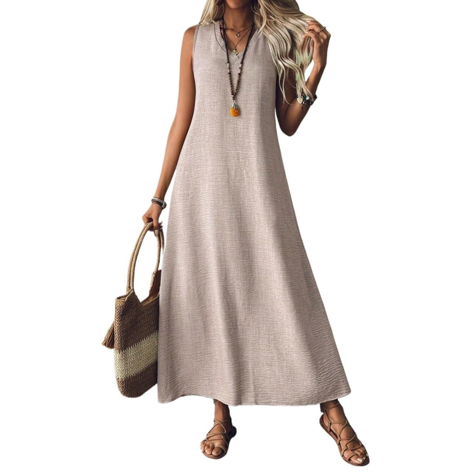 Ocean Plus Abito da Donna in Stile Vintage Senza Maniche con Scollo a V con Stampa Elegante in Tinta Unita Casual Lungo Elastico in Vita con Lacci (S, Beige