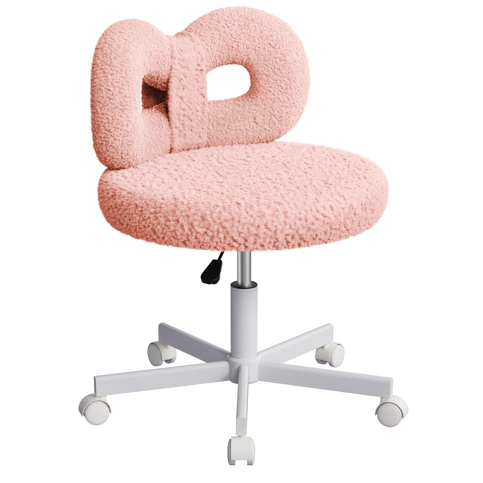 ROOMTEC Vanity Chair with Wheels, Swivel Makeup Chair, Height Adjustable Bedroom Chair with Upholstered and Cute Bow Backrestst (White Leg, Pink)