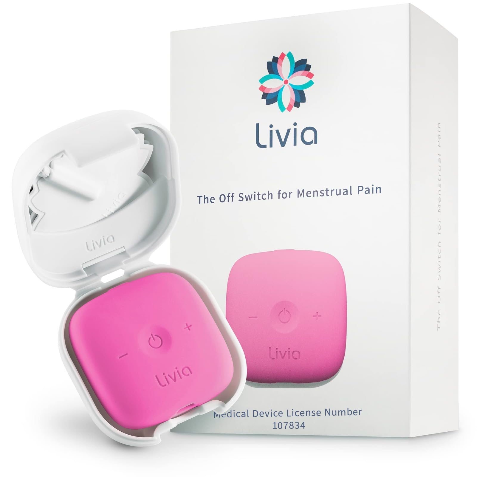 Livia Menstrual Pain Relief Device, Pink - Period Pain Off Switch - Portable and Travel-Ready with Stick-on Gel Pads for Cramps - Rechargeable, 12-Hour Battery Life - Complete Kit
