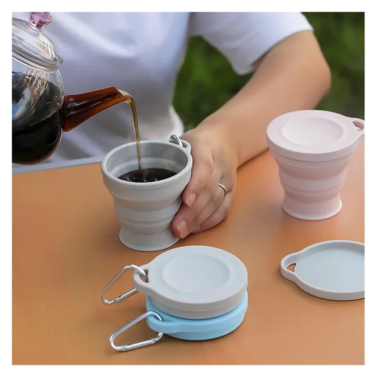 180 ml Klappbecher, Mini-Einziehbecher, Silikon, tragbare Teetasse, Outdoor-Reise-Kaffee-Teleskop-Trinkbecher mit Deckel(Blue-3PCS)
