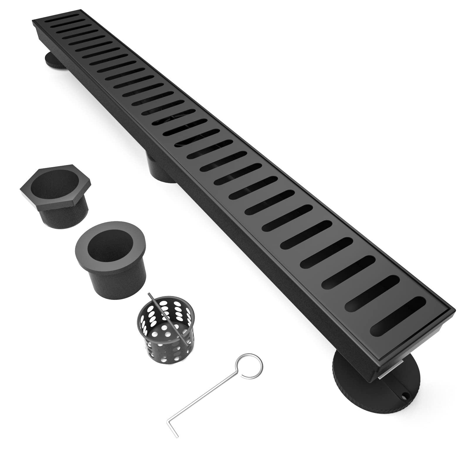 BARONAGE 28 Inch Linear Shower Drain Black Rectangle Shower Floor Drain with Accessories Capsule Pattern Cover Grate Removable SUS304 Stainless Steel CUPC Certified
