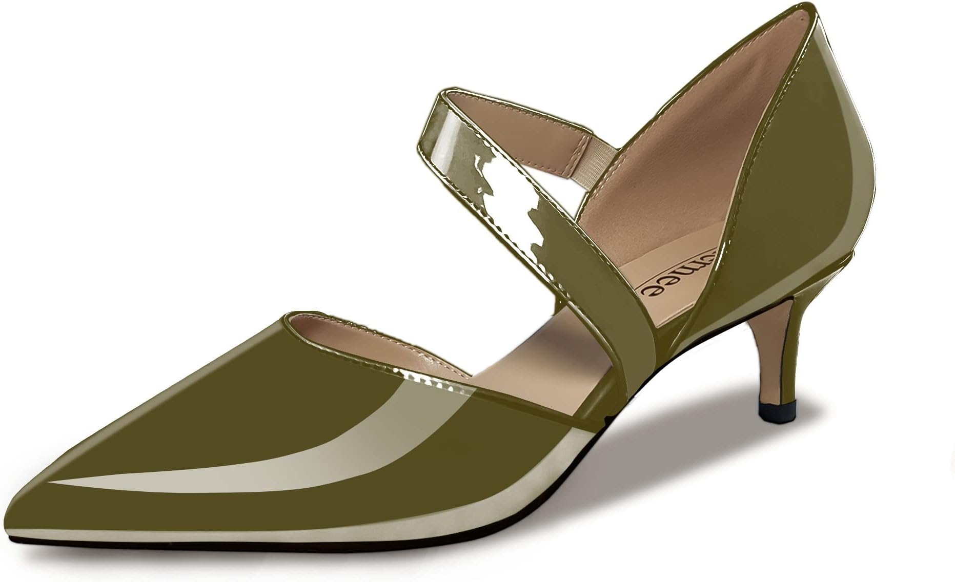 Odernee Women's Fashion 2 Inch Bungee Strap Pointed Toe Slip On Patent Leather Kitten Low Heel Pumps Basic Work Shoes Office Daily, Olive Green, 9.5