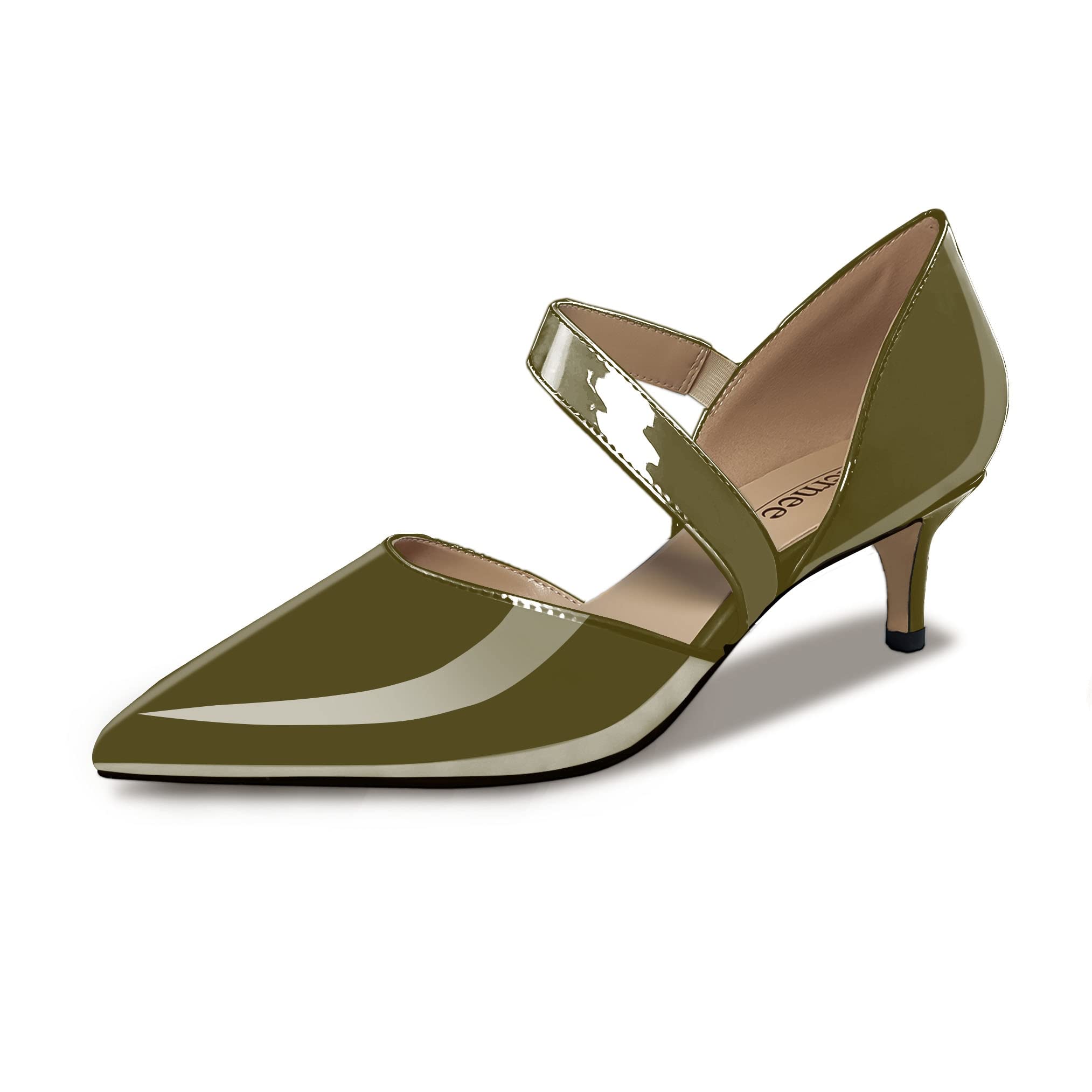 Odernee Women's Fashion 2 Inch Bungee Strap Pointed Toe Slip On Patent Leather Kitten Low Heel Pumps Basic Work Shoes Office Daily, Olive Green, 9.5