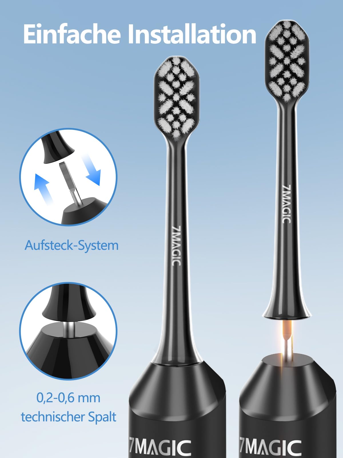 7MAGIC Spazzolino Elettrico Sonico Nero con 5 Modalità, 3 Livelli di Intensità, Autonomia fino a 180 Giorni, 40.000 Vibrazioni/Min, 8 Testine Incluse (6+2 Testine di Ricambio Originali)