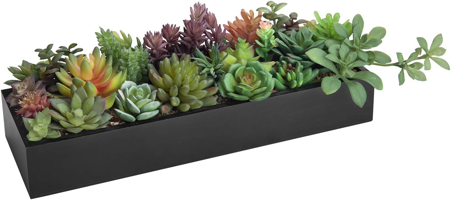 MyGift Artificial Succulent Centerpiece, 15.75 Inch Faux Succulents Arrangement Plants in Rustic Burnt Wood Rectangular Planter Box