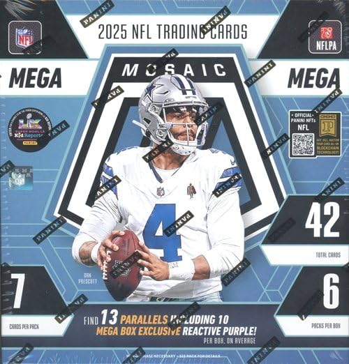 2025 Panini MOSAIC Football HUGE Factory Sealed MEGA Box with (10) EXCLUSIVE PURPLE REACTIVE MOSAIC & (7) INSERT or SILVER PARALLEL! Look for Travis Hunter Jaxson Dart Ashton Jeanty Cam Ward & More