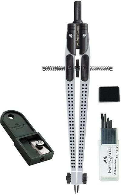 Faber-Castell GRIP 2001 174472 Spring Compass Silver with Extra Leads and Sharpener in Case Metal Compass Quality Made in Germany