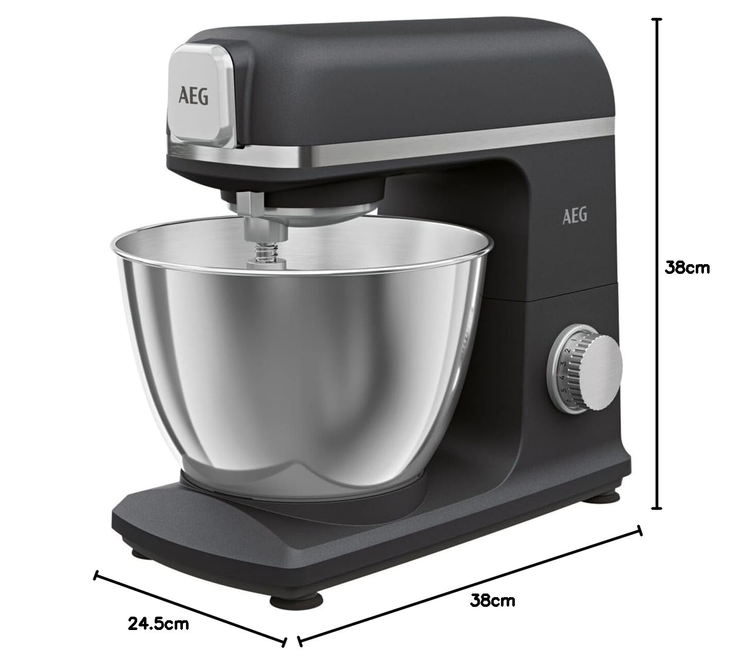 AEG KM5-1-4BPT robot kuchenny + akcesoria, 1200 W, 6 prędkości, funkcja pulsu, mieszadło planetarne, 6,1 kg, w całości metalowa obudowa, miska do mieszania ze stali nierdzewnej, 5 l, matowa czerń