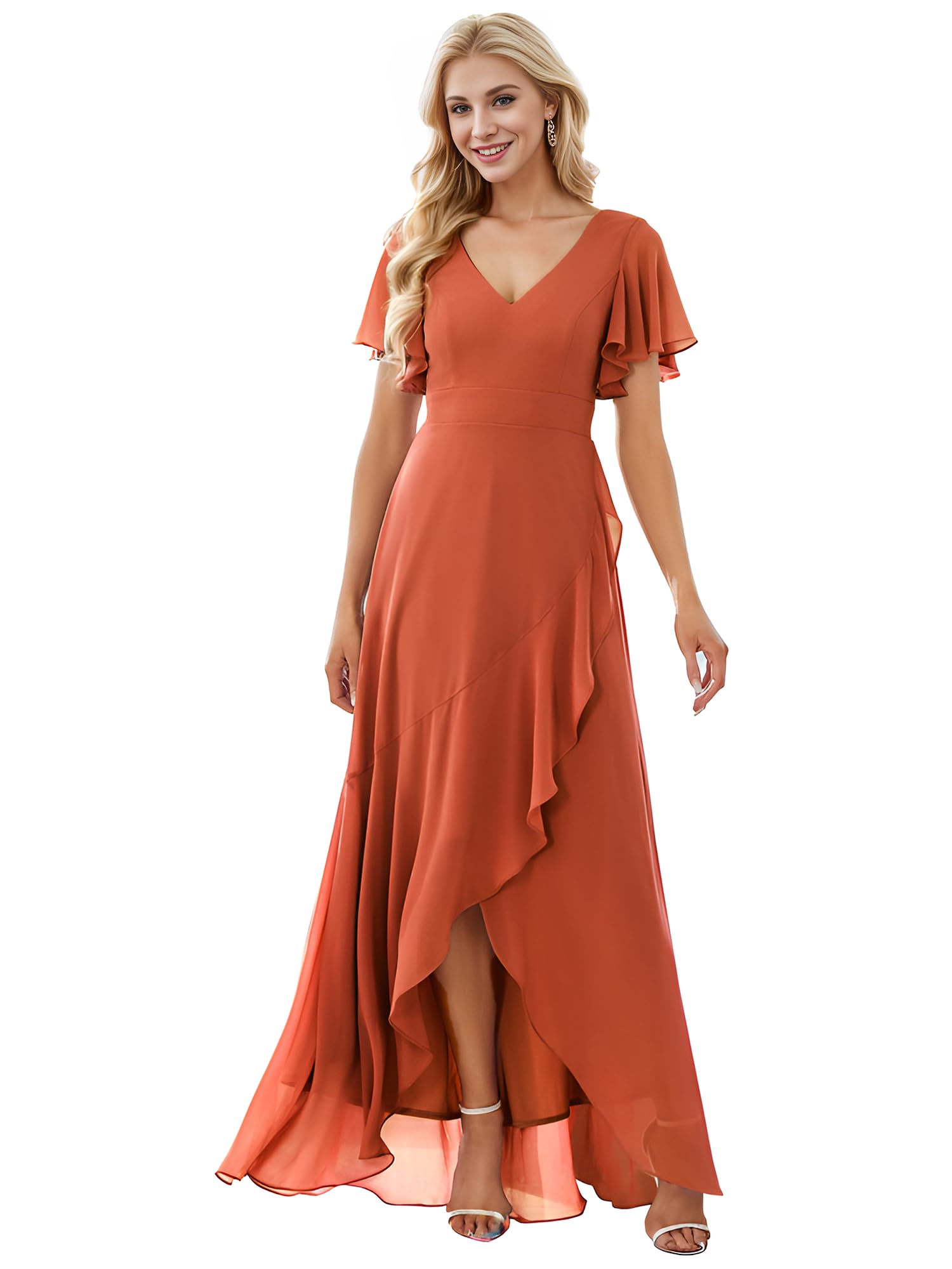 Ever-Pretty Vestido de Fiesta Escote en V Manga Volantes A-línea sin Respaldo Alto Bajo Largo sin Elasticidad para Mujer Elegantes 01749