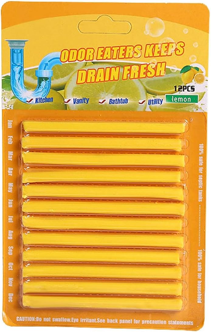 12Pc Solid Deodorant Sticks Rod Cleaning Tools for Kitchen & Toilet, 9.5cm Sewer Pipe Odor & Clog Remover for Grease, Fat, Food Residue (Yellow)
