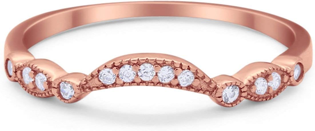 Blue Apple Co. Art Deco Curved Wedding Band for Ring Round Cubic Zirconia 925 Sterling Silver