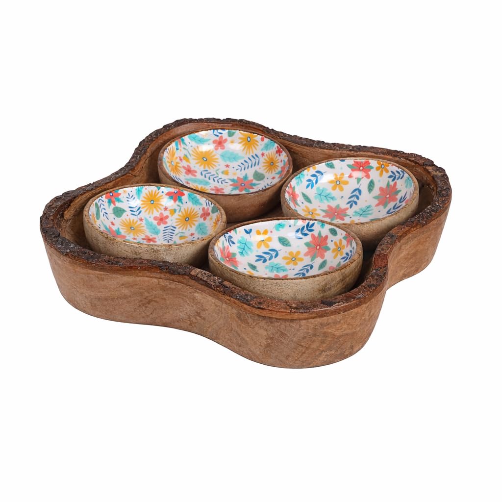Divit Shilp Natural Wooden Trays Serving Bowl for Salad, Veggies and Fruits, Large Deep for Family, Party. (Tray - Set of 4 Bowl)