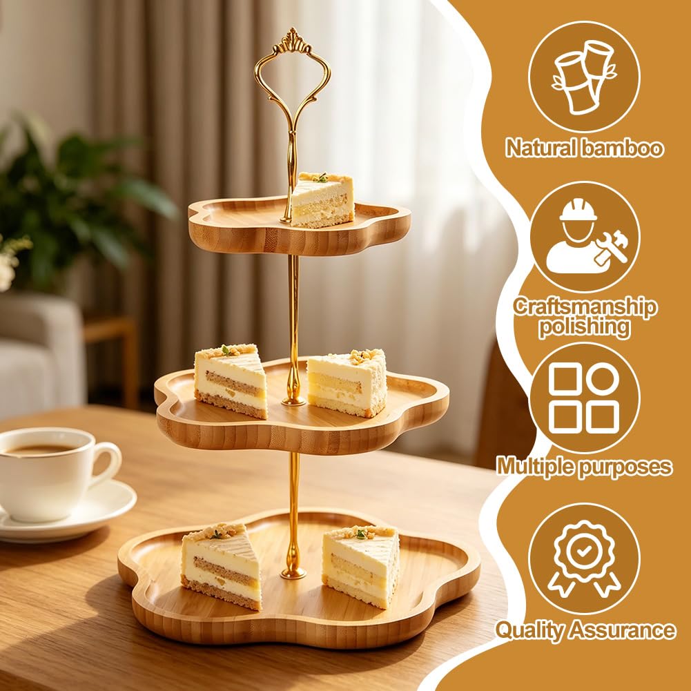 Soporte de 3 pisos de madera para cupcakes, soporte para cupcakes con mango de metal, soporte para frutas, 3 pisos, soporte para tartas, para cumpleaños, té de la tarde, fiesta de boda