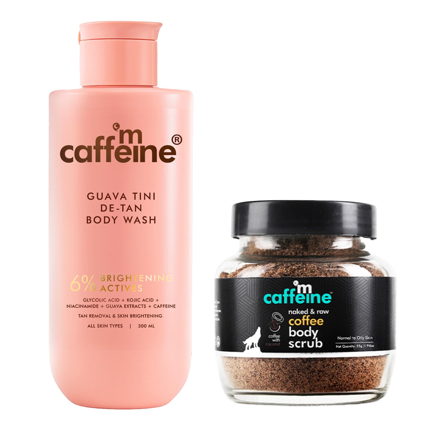 mCaffeine De‑Tan and Exfoliating Body Combo | 1% Glycolic Acid Guava Detan Body Wash 300ml & Coffee Body Scrub for Tan Removal & Soft-Smooth Skin | Brightens, Hydrates, Reduces Dark Spots & Evens Tone