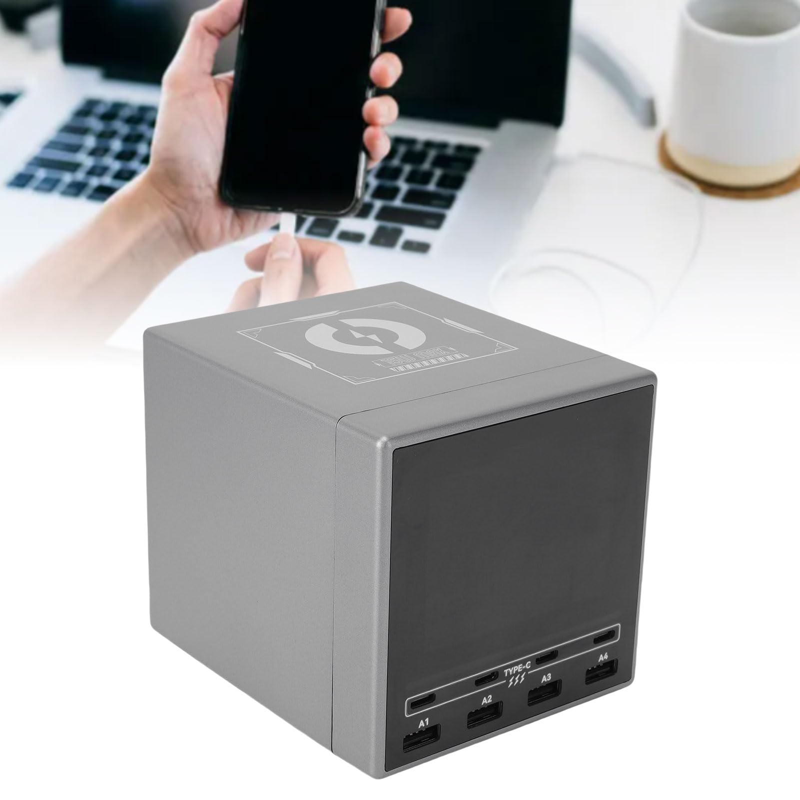 Ejoyous Stazione di Ricarica Wireless USB da 140 W, Hub Caricabatterie Wireless USB A C PD per PC con Pad da 15 W, Display A Colori, Ricarica Rapida A 8 Porte per Scrivania, Ufficio Domestico (Spina
