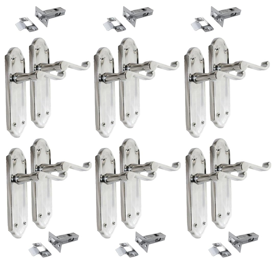 Ashford Chrome Internal Latch Door Handles - Door Handles Internal Sets, Chrome Door Handle Set for Internal Doors, Door Handle in Chrome, 170 x 48mm 4 Pairs (6 Pair of Handles + Tubular Latch)