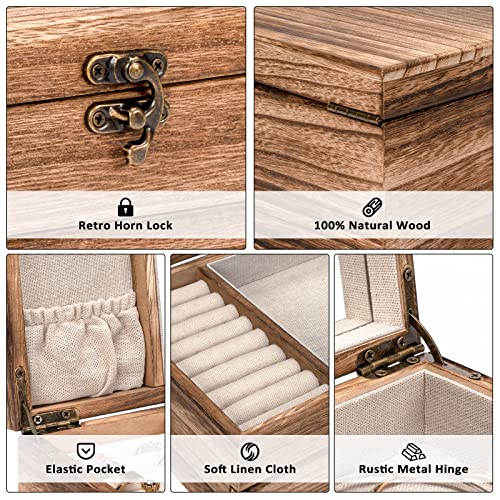 Emfogo Jewelry Box For Girls Women, 2 Layer Rustic Wooden Jewelry Boxes & Organizers With Mirror, Wood Jewelry Organizer Box Display For Rings Necklaces Earrings Bracelets(Torched Wood) #TOP4