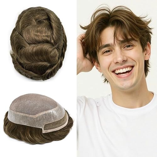 Miniatura 13 de Toupee - Sistema de cabello humano de repuesto con encaje frontal para hombre, extensiones de pelo tipo tupé mono PU para hombres
