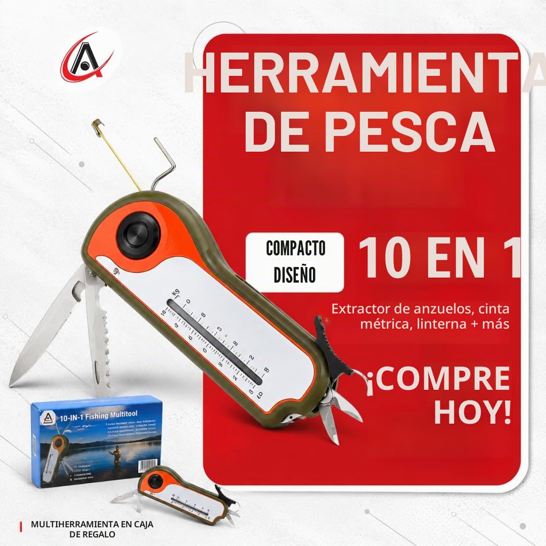 Fisherman Herramienta de Regalo Pesca Multiherramienta-Gancho Remover Escala Scraper, Cinta Medida, Cortador de cebos, Linterna, Cuchillo, Tijeras, Escala de Peso, Abridor de Botellas, Idea de Regalo
