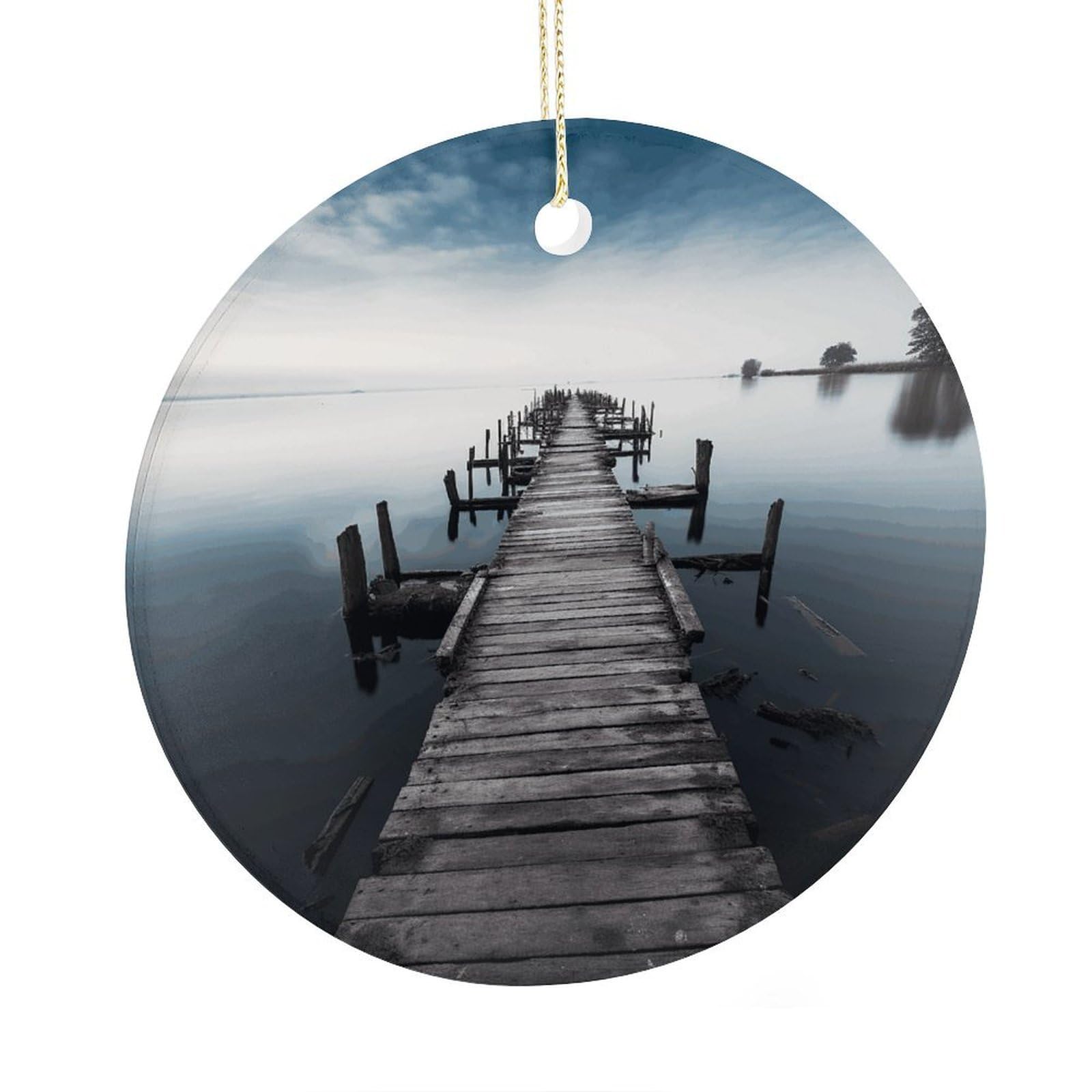 Fekiloot Style Old Wood Pier Above Calm Water Christmas Ornaments 2.9 Inch Round Ceramic Ornament Keepsake Thank You Gifts For Office, Room, Home - Holiday Present Ideas