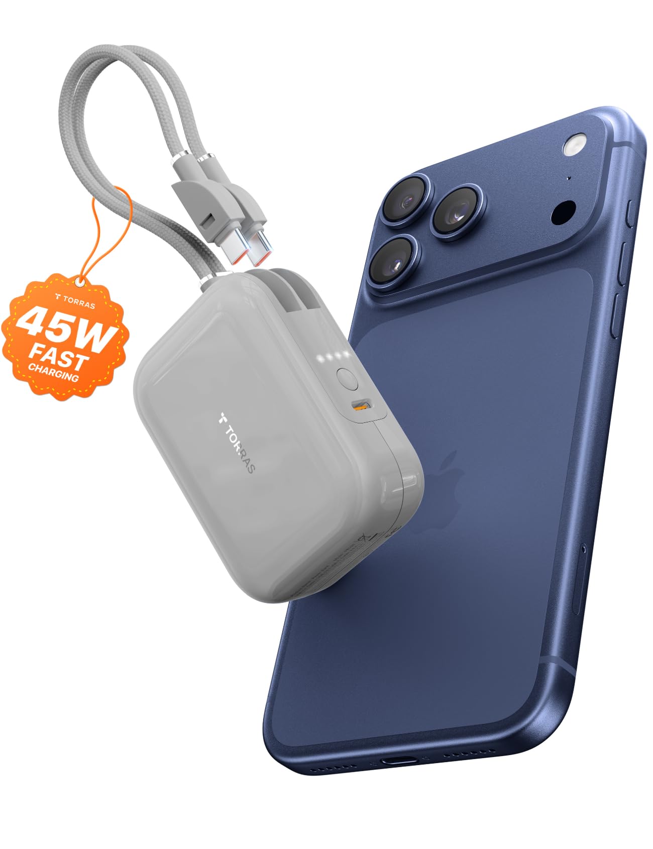 TORRAS EasyGo Portable Charger 10000mAh, 45W Ultra-Fast USB-C Power Bank with Dual Built-in Cables, Integrated Lanyard Design for One-Hand Use,