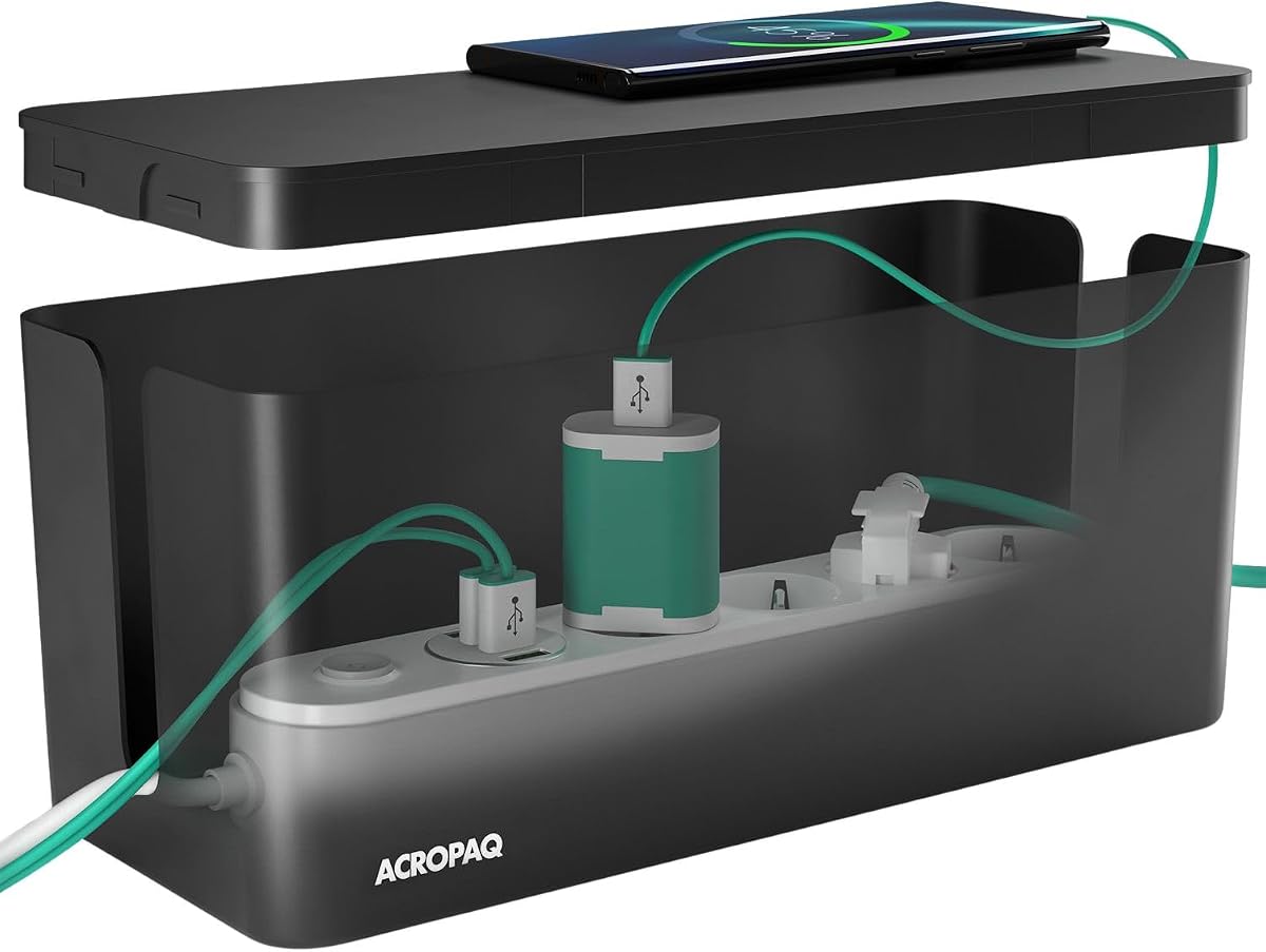 ACROPAQ Cable Box - (32 x 13.2 x 12.7 cm), Cable Management Box for Hiding Cables and Hiding Sockets, Plastic, Black - Cable Box, Cable Storage, Socket Box,...