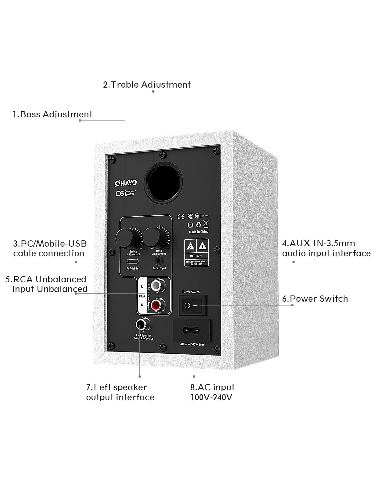 OHAYO 60W Aktive PC-Lautsprecher, Bluetooth 5.3 & USB-C/RCA/AUX Regallautsprecher für Gaming & Musik - Stereo 2.0 Lautsprecher Set, 1Paar (1 aktiver & 1 passiver)