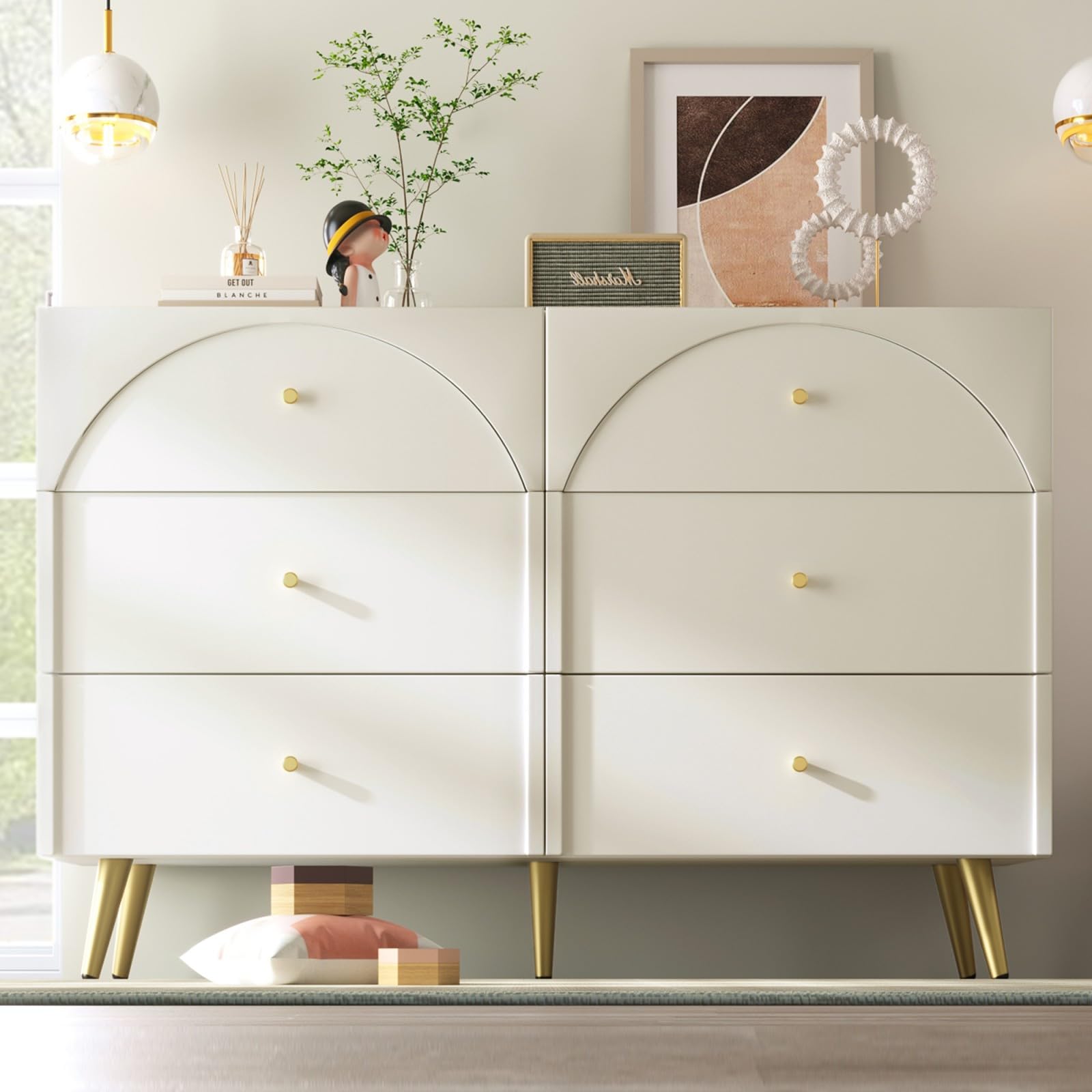 PUGSDRLY Commode à 6 tiroirs avec tiroirs blancs, armoire de rangement avec tiroirs, style moderne, buffet pour salon et chambre (H85/L120/P40 cm)