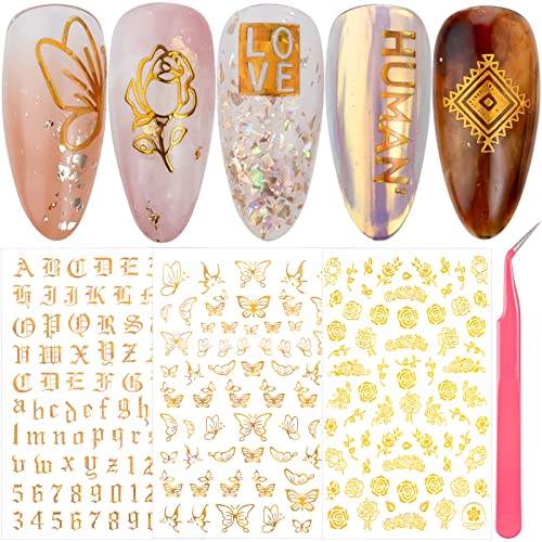 Nail Art Stickers, 9 Sheets 600+ Nail Stickers for Nail Art, Together with Sharp Tweezer, 3D Golden Self-Adhesive Nail Decals, Rose Love Butterfly Letter for Women and Girls Nail Design, by XIPOO