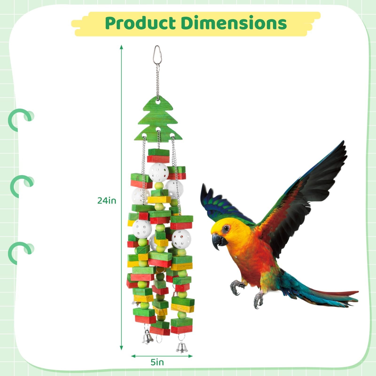 Generisch Großes Vogelspielzeug für Papageien, hängendes buntes Holzklötzchen Spielzeug mit Glöckchen, Weihnachtsbaumform zum Knabbern, für Aras, Graupapageien, Edelpapageien und Kakadus