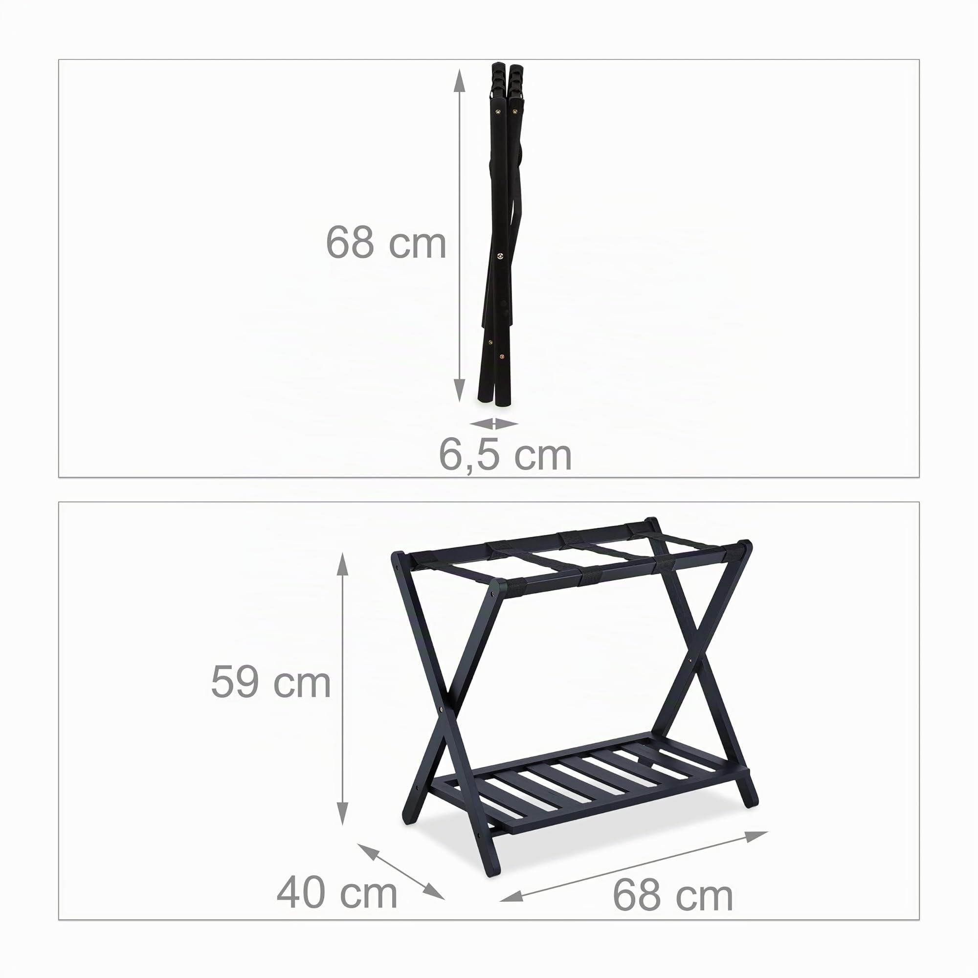 Relaxdays Portavaligie Pieghevole in Bambù e Nylon 59x68x40 cm 2 Ripiani Nero