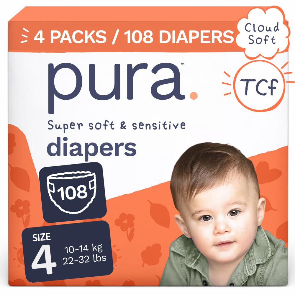 Pura Baby Diapers Size 4 (22-32 lbs) 108 Count Sensitive Skin