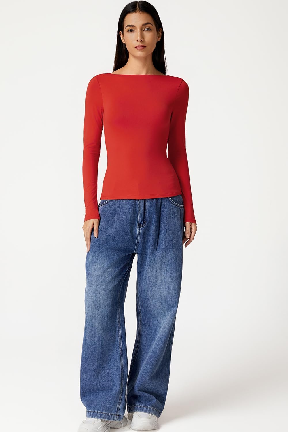 QINSEN Long Sleeve Shirts for Women Double Lined Going Out Crop Tops Open Back Y2K Tee Shirts Red M - Image 6