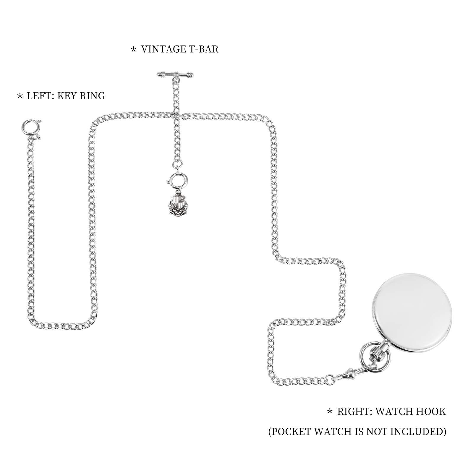 TREEWETO Taschenuhrkette mit T Bar Endstück Gesamtlänge 72cm Doppel Albert T-Bar Taschenuhr Kette mit Antiker Schild-Anhänger und 3 Haken für Weste Knopfloch