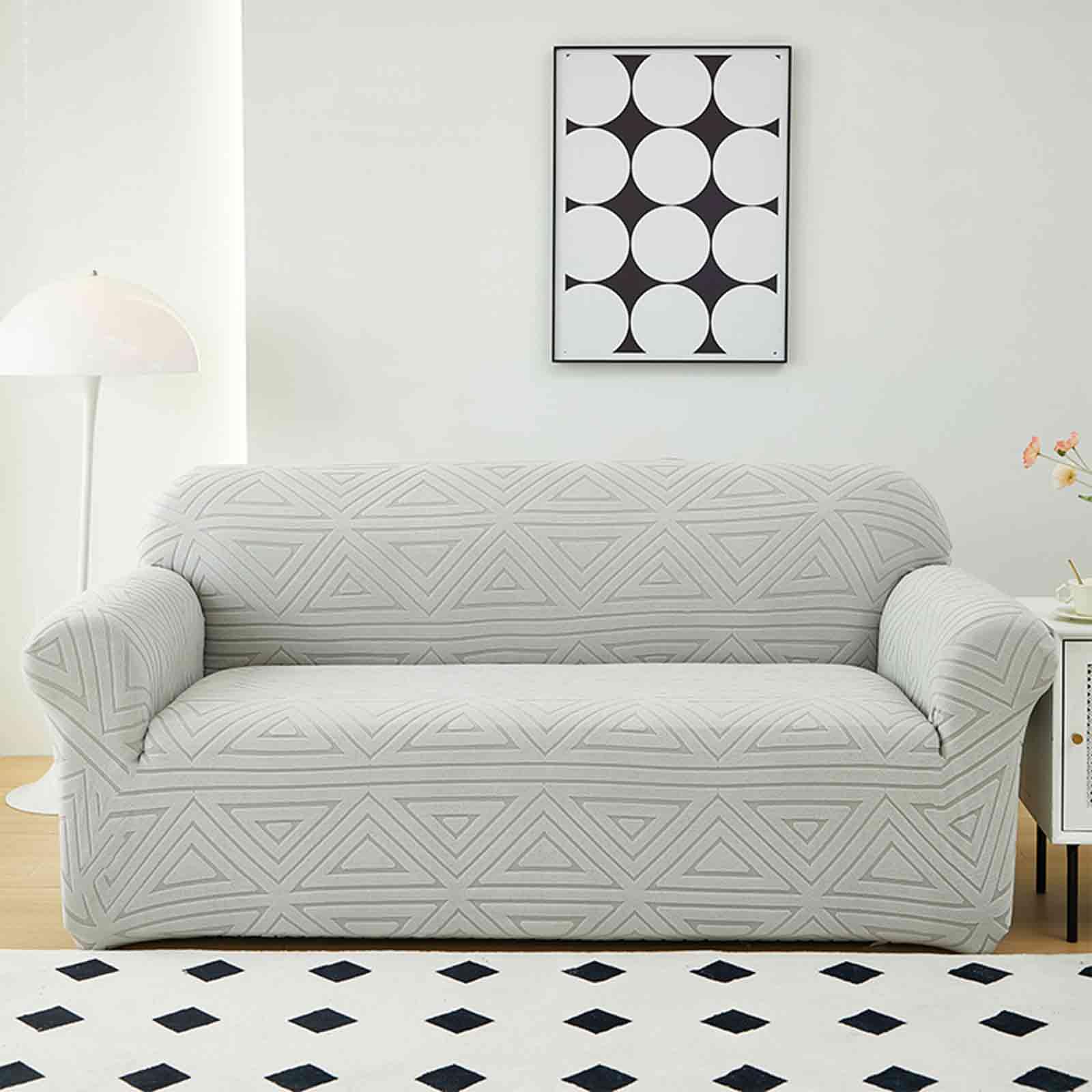Housse de canapé lavable et extensible 4 places jacquard gris clair