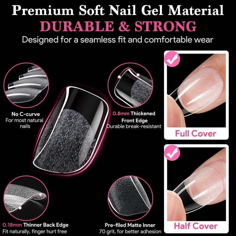 Image of Extra Short Square Nail Tips, 510 Pcs Clear Half Matte, 15 Sizes | 510 PCS clear extra short square tips with half-matte full cover for natural DIY extensions.