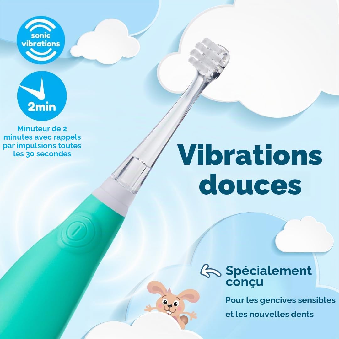 Brush-Baby BabySonic Brosse à dents électrique Teal, 0 à 36 mois - Douce, vibrante doucement pour les gencives sensibles et les premières dents - Avec lumière LED - Têtes de brosse pour bébés et