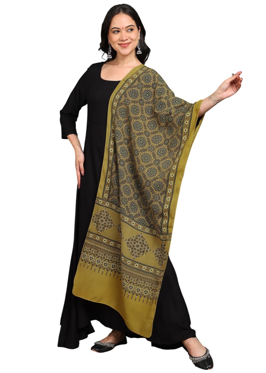 amrozia Ajrakh Natural Dyed Mustard Block Print Rayon Stole-picture-30