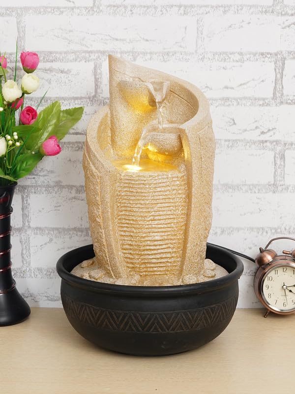 Image of Polyresin Stylish Table Top Indoor 3 Steps Waterfall Fountain for Living Room Home Decor with Yellow LED & Speed Controller Pump (Size: 40 x 25 x 25 CM | Weight: 2175 gram | Color: Cream)