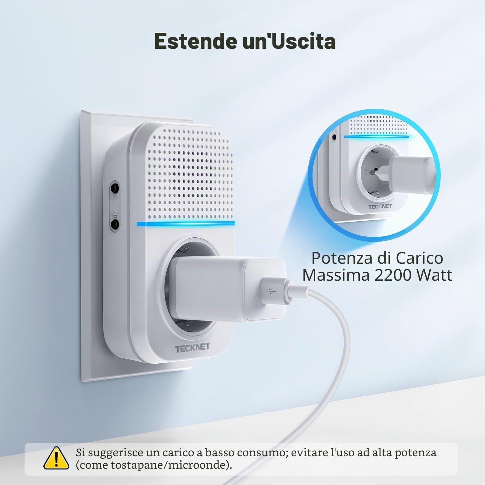 TECKNET Campanello senza fili 400 metri, impermeabile IP65 con funzione di ricarica e luce a LED, kit di 1 campanello, 2 ricevitori, 60 melodie 5 livelli volumi, per casa, ufficio, hotel