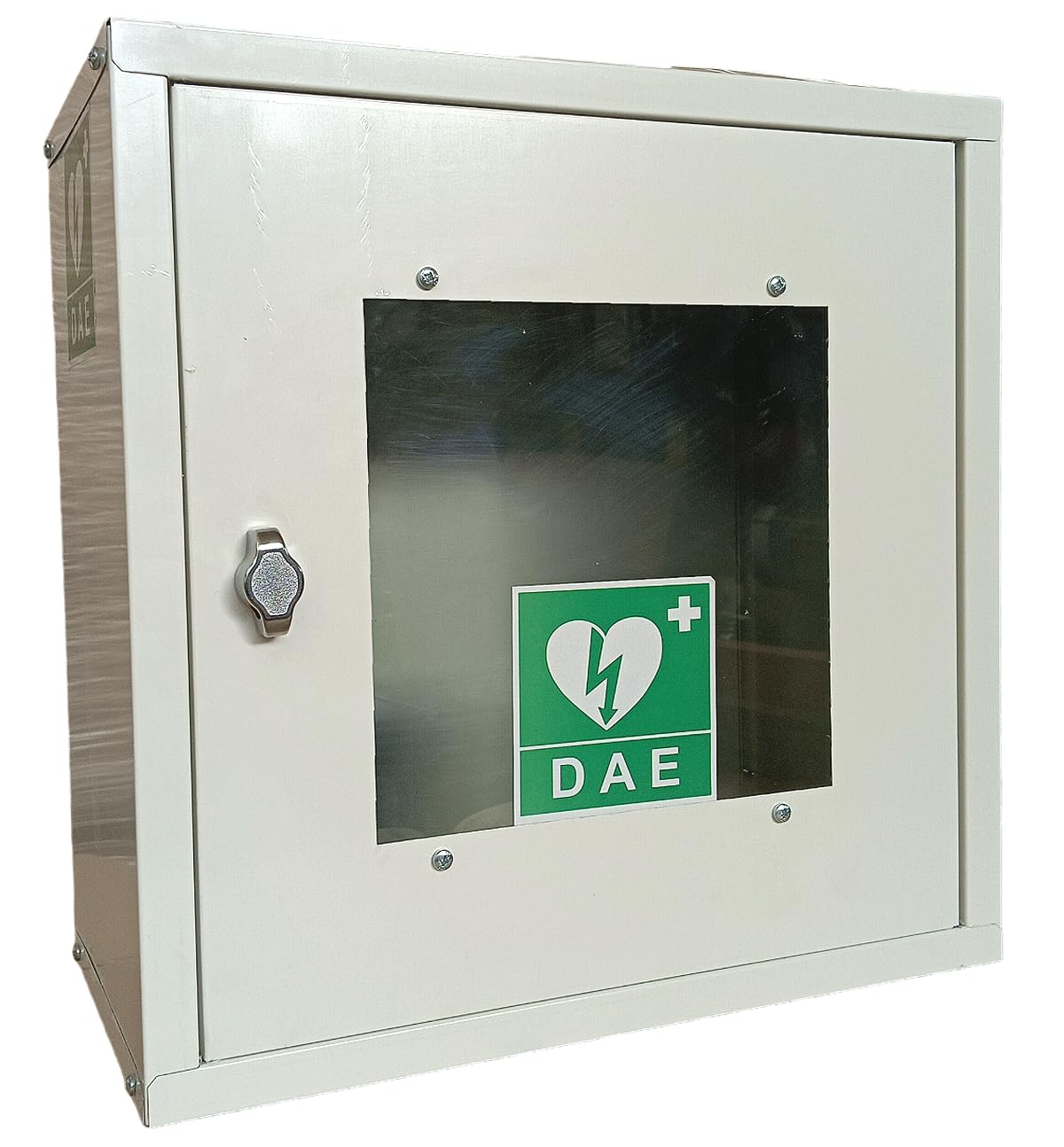 Cassetta DAE - Armadietto porta defibrillatore automatico in lamiera bianca gialla o verde certificata ISO 9001:2015 (35 x 35 x 24, Bianco)