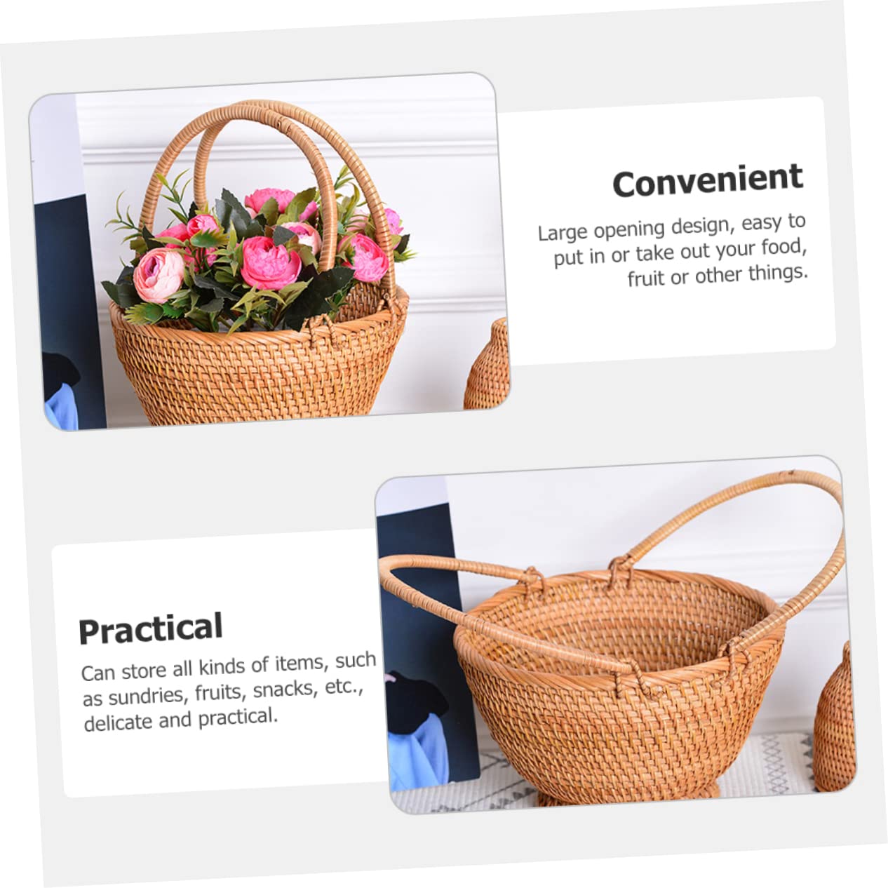 Cabilock Cesta De Rattan Tejida Para Picnic y Almacenamiento Portátil Para Frutas y Flores Para Familiar y Actividades