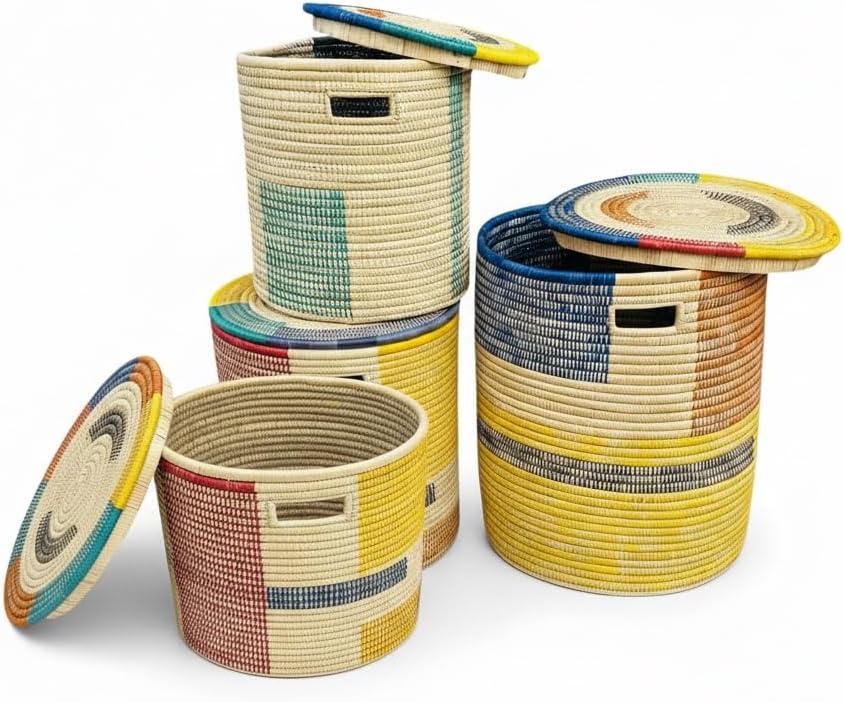 Medium Laundry Woven Malawi Storage Basket With Lid: Storage Basket Multi Colored
