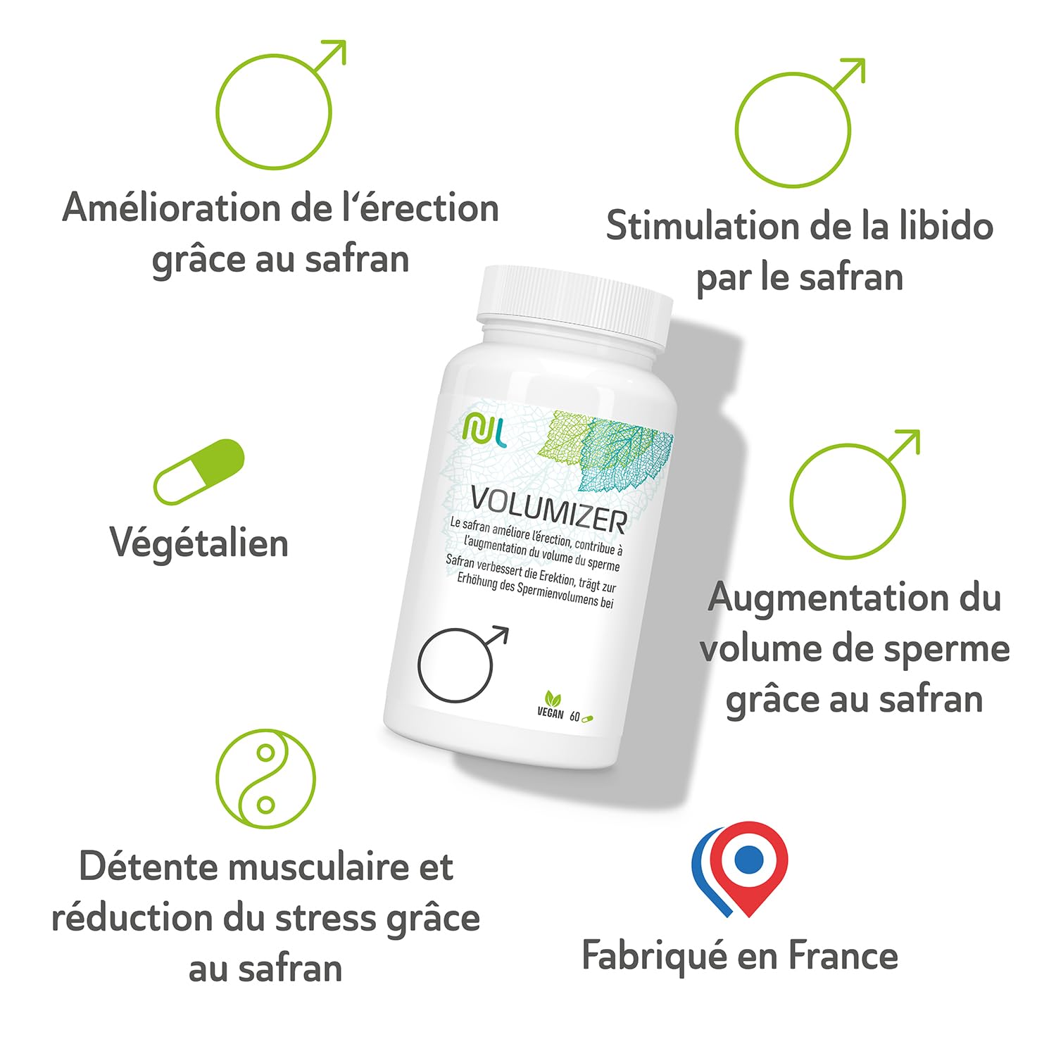Volumizer - 60 Gélules Végétales - Complexe Homme avec Sélénium, Zinc, Safran et Plantes Naturelles - Soutien Vitalité et Bien-Être Masculin - Sans Gluten - Fabriqué en France - Nutri Life